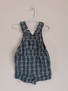 Vintage OshKosh Made In USA Navy Green Plaid Boy Shortalls 3T